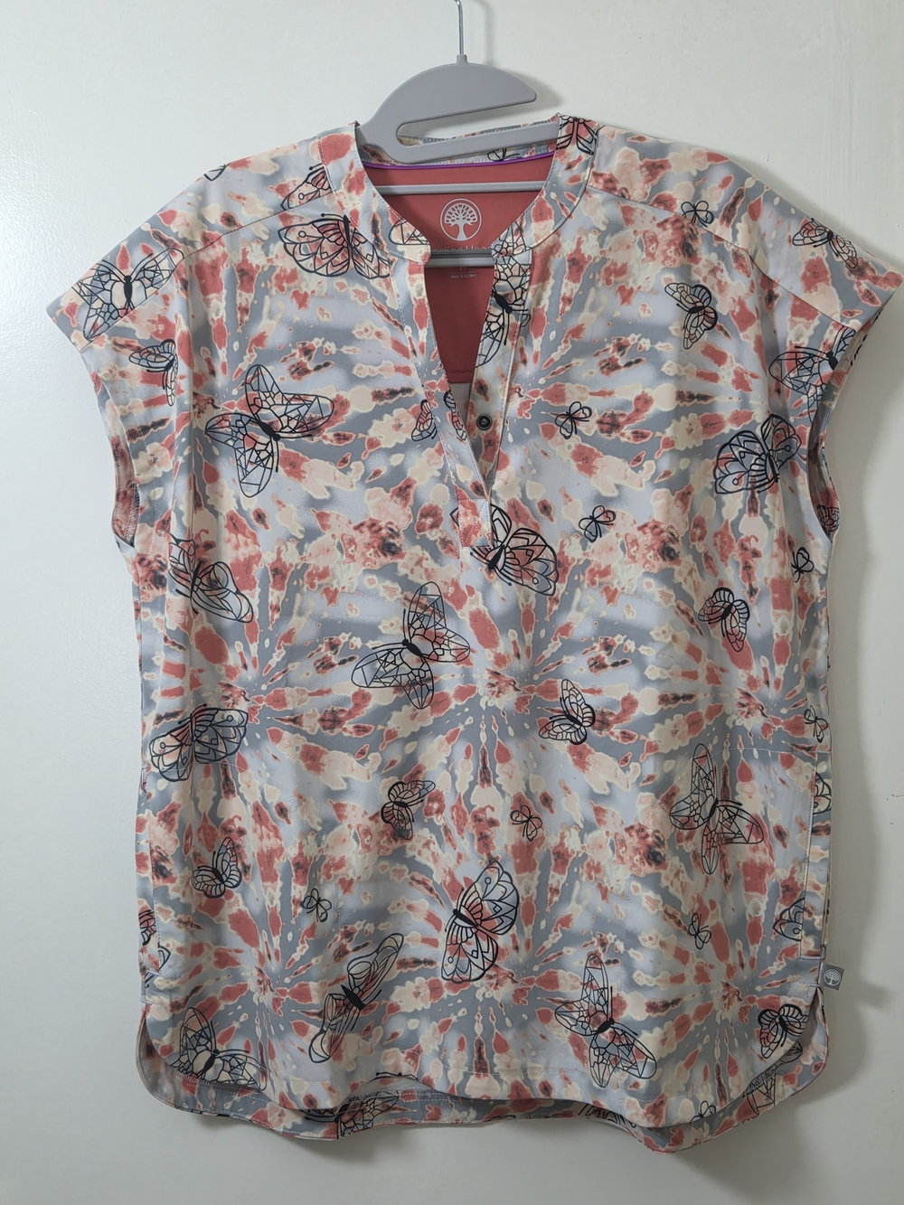 healing hands Coral & Gray Butterfly Tie-Dye Split-Neck Top